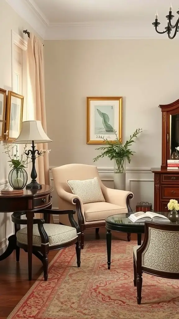 A cozy mother's room featuring a classic armchair, side table, and decorative elements.