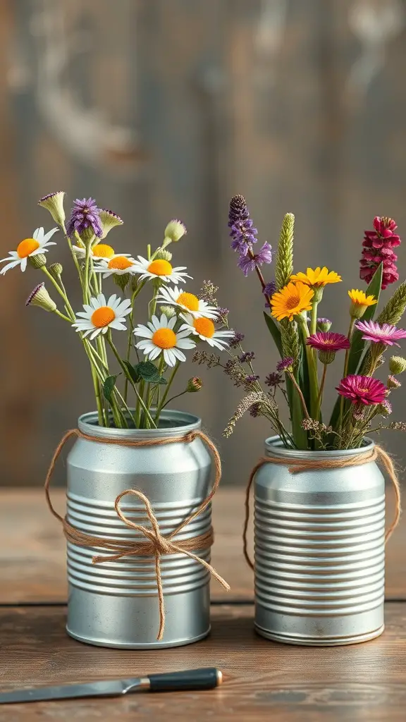 Two tin can planters filled with various colorful flowers, tied with twine, on a wooden surface.