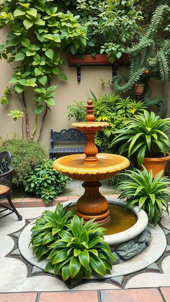 A small patio garden featuring a wooden water fountain surrounded by vibrant green plants.