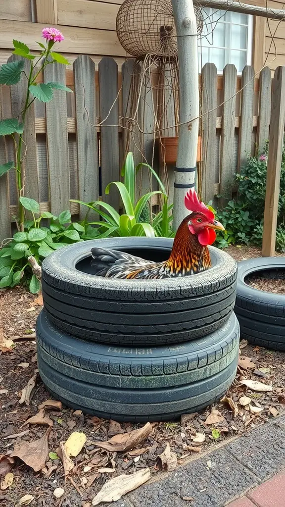 A rooster sitting in a stack of old tires surrounded by greenery.