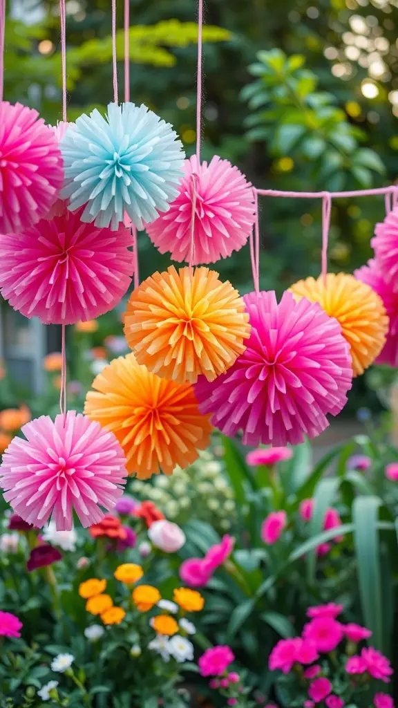 Colorful tissue paper pom-poms hanging above a flower garden