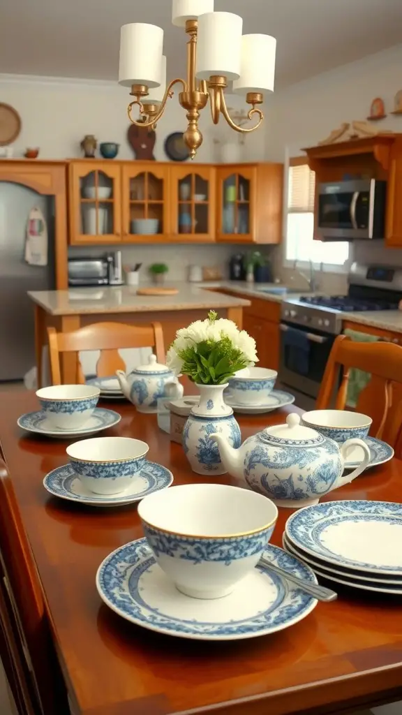 A traditional blue and white dinnerware set displayed on a wooden dining table in a cozy kitchen.