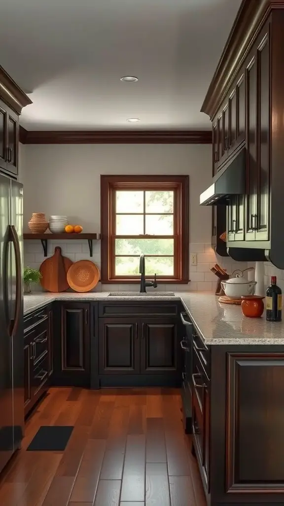 A beautifully designed traditional classic style kitchen with dark cabinetry, a window letting in natural light, and wooden decorative elements.