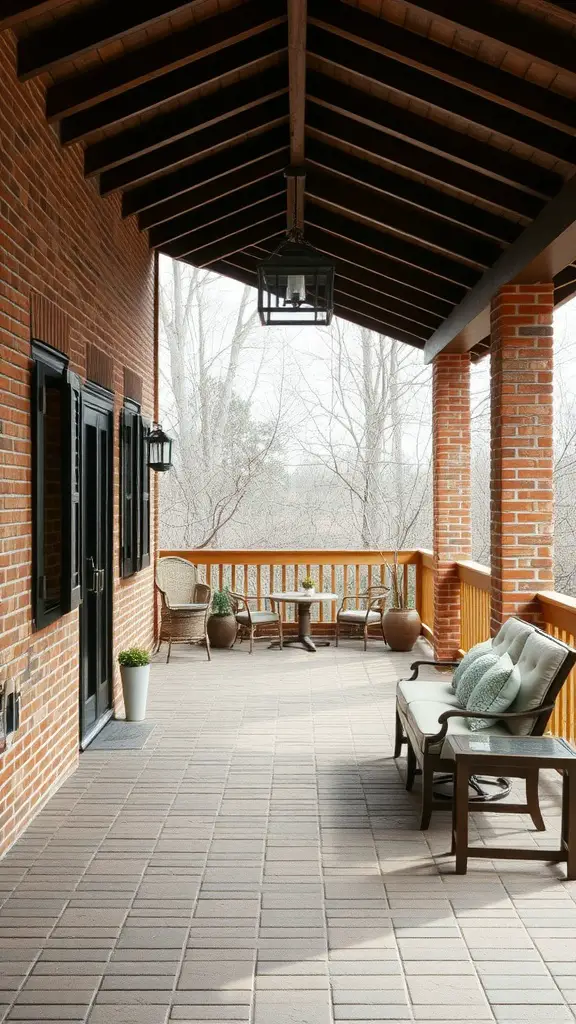 A covered patio with classic brickwork, featuring wooden beams, comfortable seating, and potted plants.