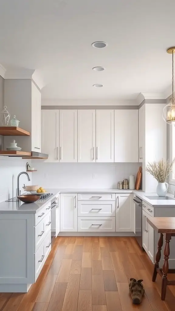 A transitional white kitchen featuring warm wood tones in flooring and shelving.