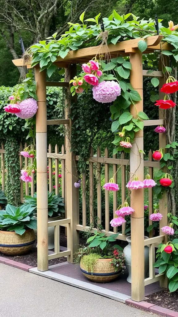 Wooden trellis with climbing plants and colorful flowers in a backyard garden