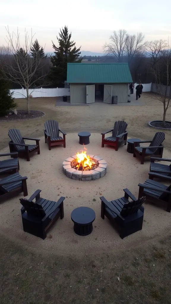 A cozy outdoor fire pit with triangle-shaped seating, featuring several chairs arranged around a stone circle and a warm fire.