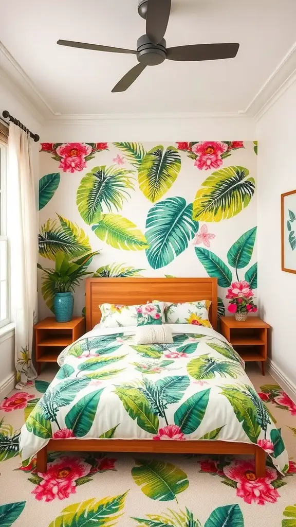 27 Stylish Summer Bedroom Ideas to Refresh Your Space 8 A bright and colorful tropical-inspired bedroom with leafy wallpaper and floral bedding.