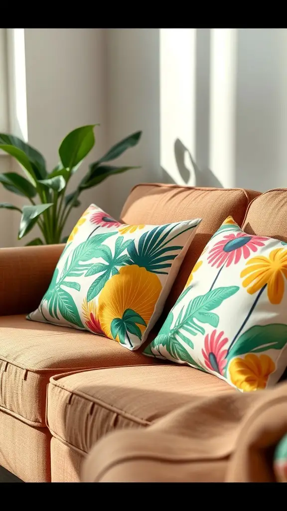 23 Bright and Cheerful Summer Decorations to Enhance Your Home 6 Tropical-themed throw pillows on a cozy couch with bright floral patterns.