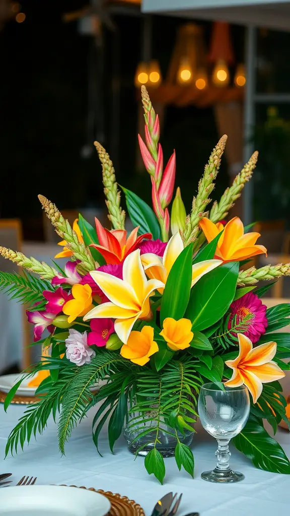 17 Creative Summer Bridal Shower Ideas for a Memorable Celebration 10 A vibrant tropical floral centerpiece featuring yellow lilies, pink and orange flowers, and lush green leaves in a clear glass vase.
