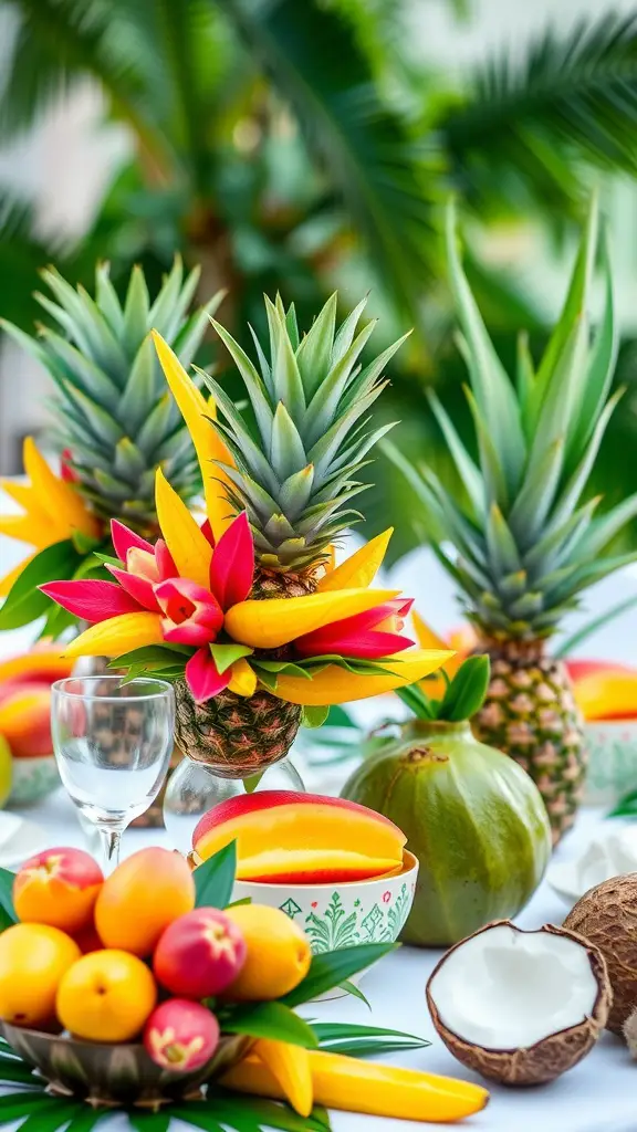 21 Creative Summer Baby Shower Ideas to Celebrate the Arrival of Baby 6 A table decorated with tropical fruits like pineapples, mangoes, and coconuts, surrounded by vibrant flowers
