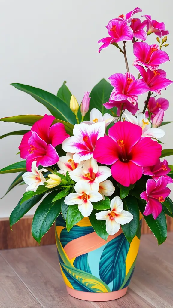 17 Stunning Summer Flower Arrangement Ideas 7 A vibrant arrangement of tropical hibiscus and orchids in a colorful pot.