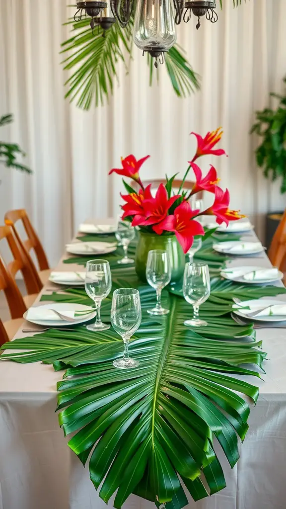 21 Stunning Summer Table Decoration Ideas You'll Love 2 A table set with a tropical leaf runner, adorned with bright flowers and elegant glassware.