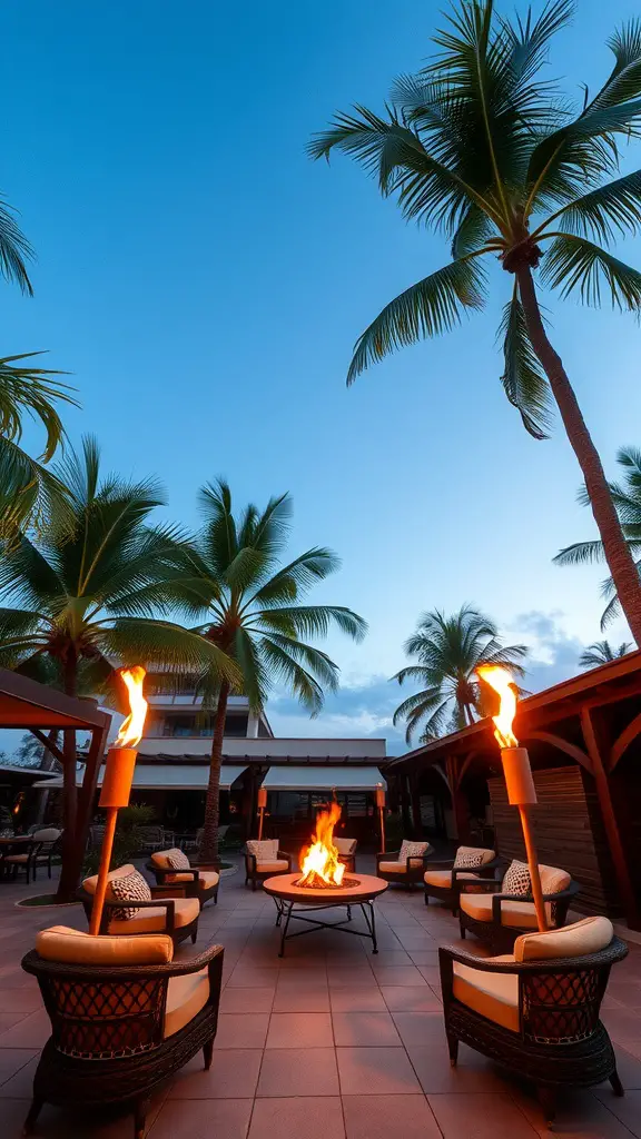 A tropical backyard fire pit area with palm trees and cozy seating, creating a relaxing atmosphere.