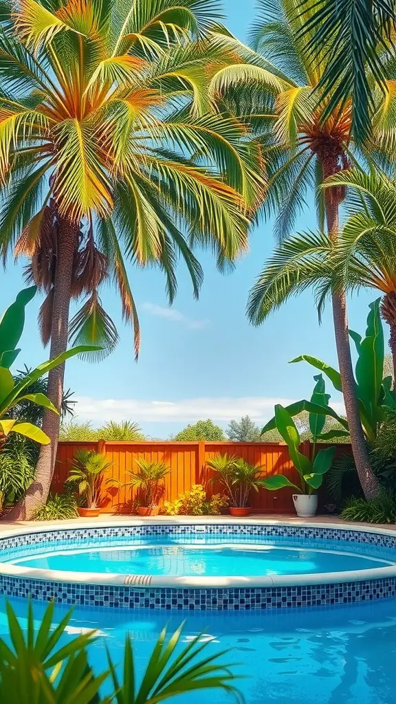 A tropical oasis with a pool surrounded by palm trees and vibrant plants.