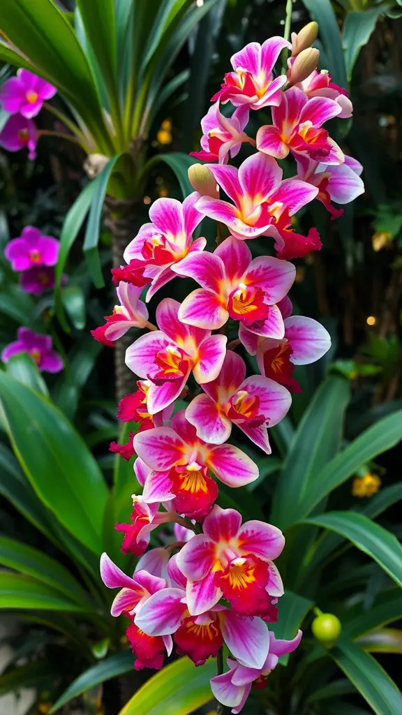 21 Stunning Spring Wedding Bouquet Ideas You’ll Love 14 A vibrant tropical orchid arrangement featuring pink and yellow orchids against lush green leaves.