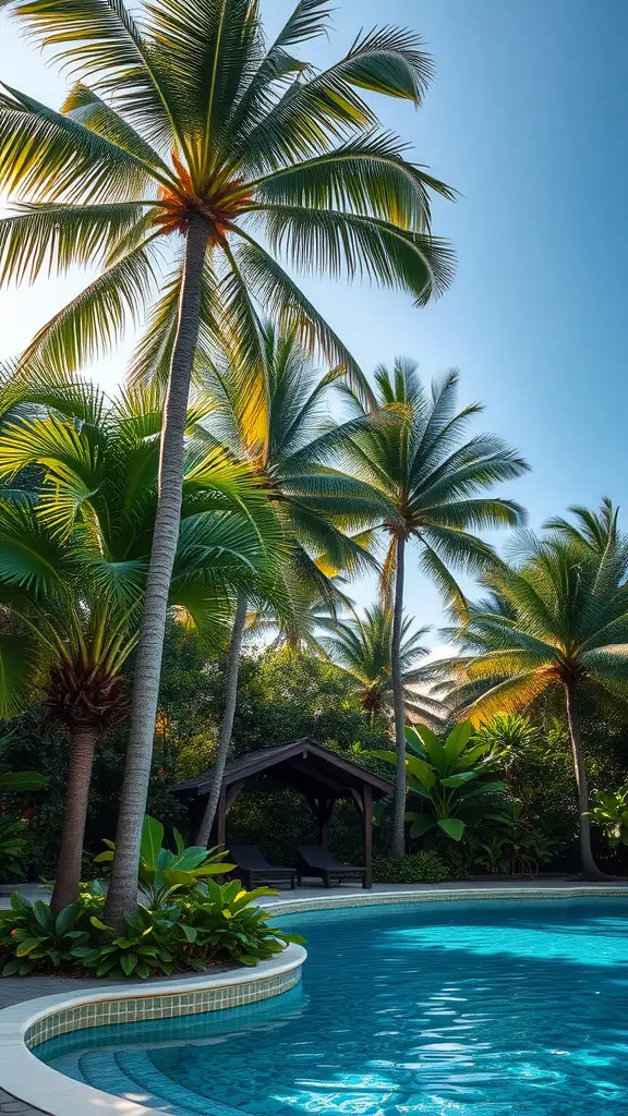 A pool area surrounded by tall palm trees and lush green foliage