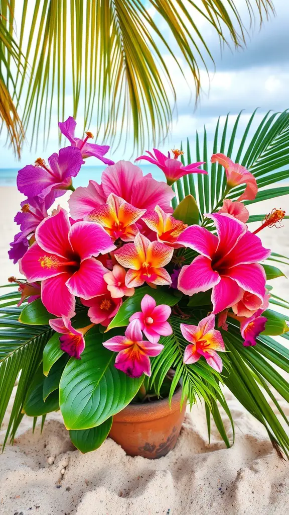17 Stunning Summer Wedding Bouquet Ideas You’ll Love 8 A colorful tropical bouquet featuring hibiscus and orchids with green palm leaves