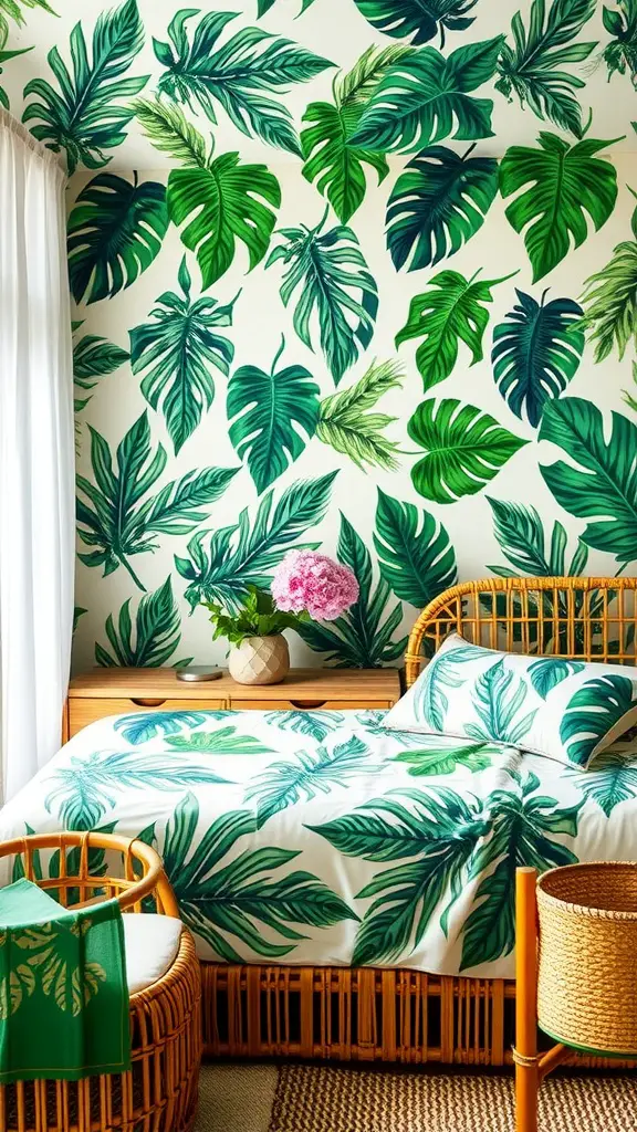 13 Summer Bedroom Aesthetic Ideas to Refresh Your Space 10 A tropical-themed bedroom featuring leafy wallpaper, rattan furniture, and vibrant decor.