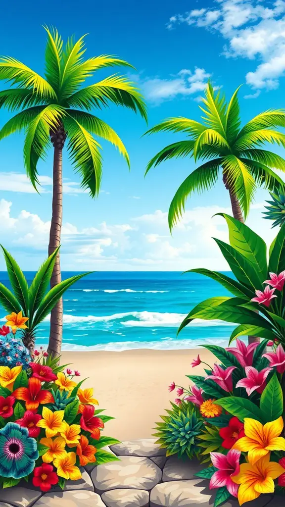 21 Creative Summer Door Hanger Ideas You’ll Love 9 A vibrant tropical scene featuring palm trees, colorful flowers, and a sandy beach with ocean waves.