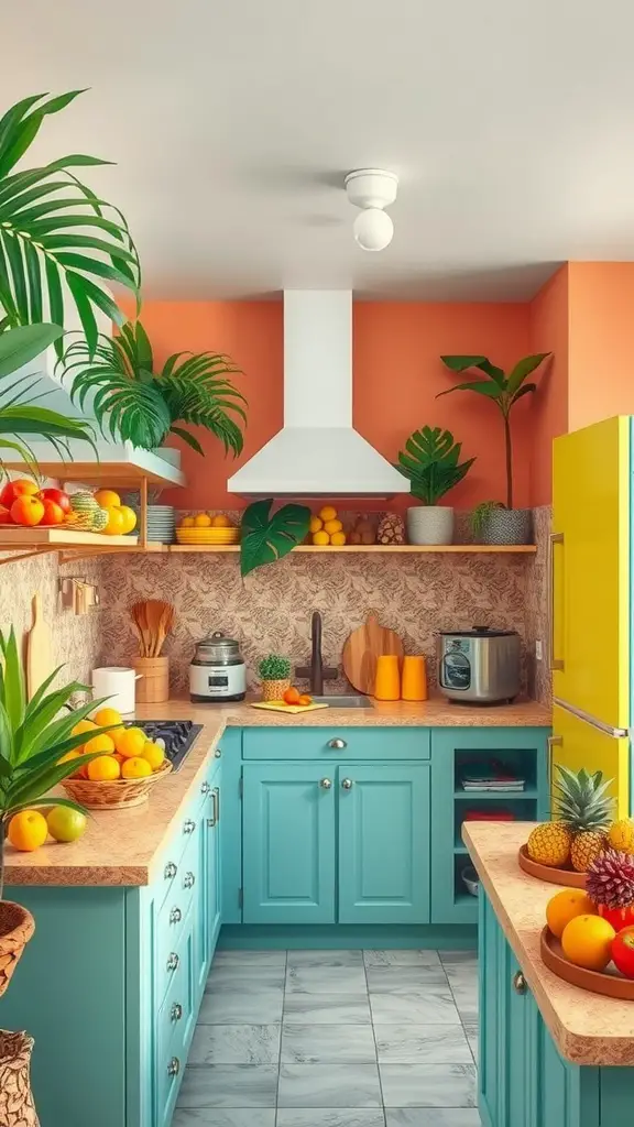 A vibrant kitchen featuring aqua cabinets, orange walls, and fresh fruits, creating a tropical paradise ambiance.