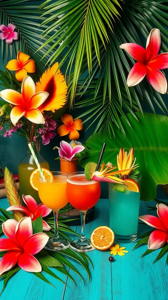 A tropical-themed tablescape with colorful cocktails and vibrant flowers.