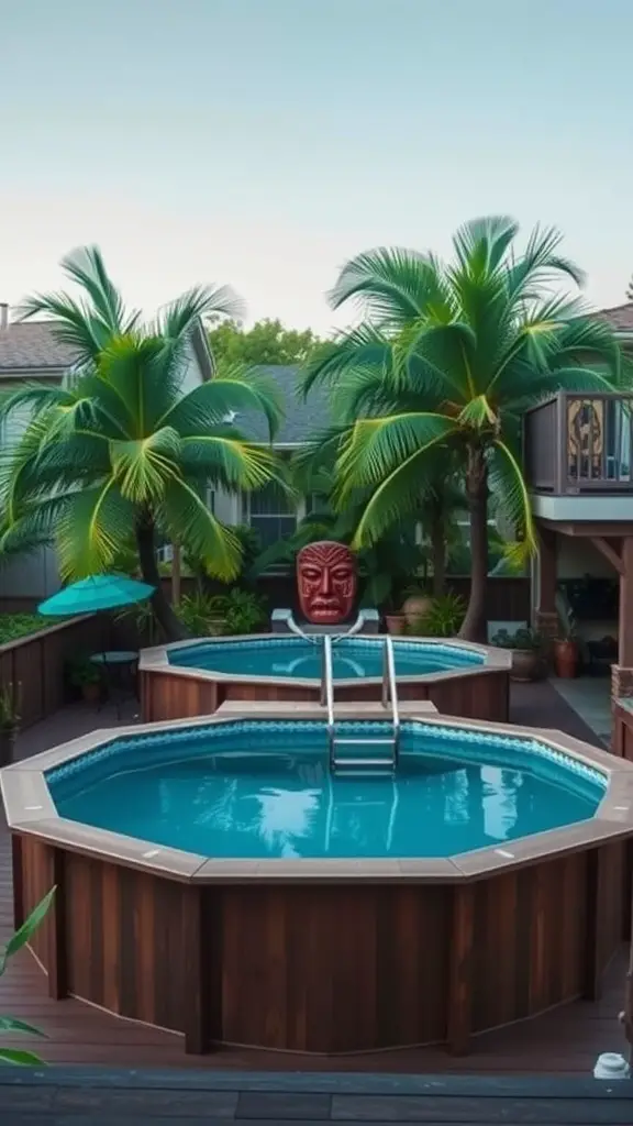 Tropical themed pool deck with palm trees and two above-ground pools