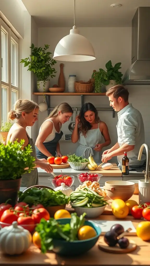 21 Must-Do Summer Bucket List Ideas for Your Best Season Yet 7 Group of friends cooking in a kitchen surrounded by fresh vegetables and fruits
