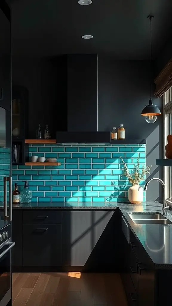 Kitchen with turquoise tile accent wall and dark cabinets, showcasing modern design