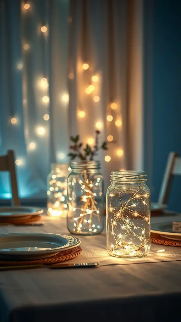 21 Stunning Summer Table Decoration Ideas You'll Love 11 A table decorated with glass jars filled with twinkling fairy lights, creating a cozy ambiance.
