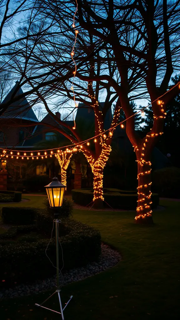 Garden with twinkling string lights wrapped around trees and a lantern illuminating the area