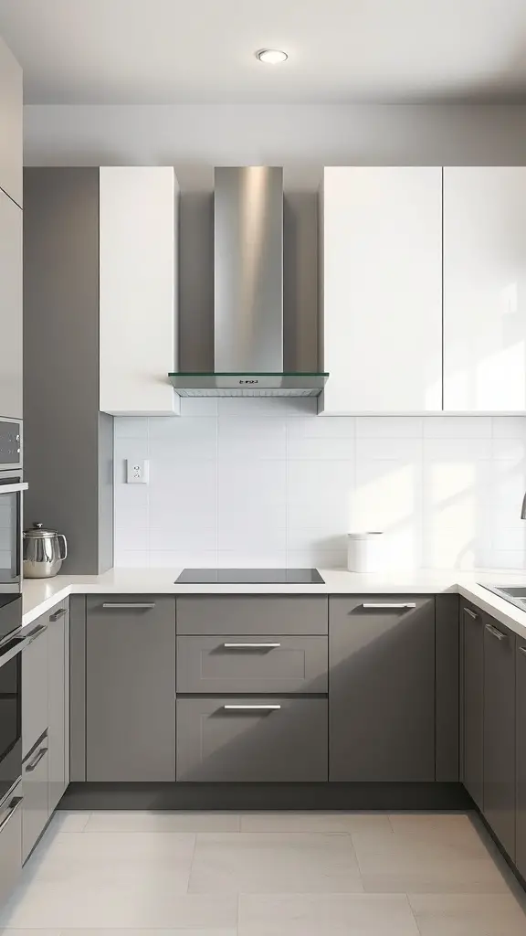 A modern kitchen featuring two-toned gray and white cabinets with sleek lines and contemporary design elements.