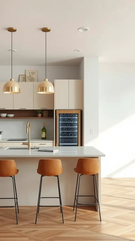 Contemporary kitchen with a stylish bar area featuring wooden stools, pendant lighting, and a wine fridge.