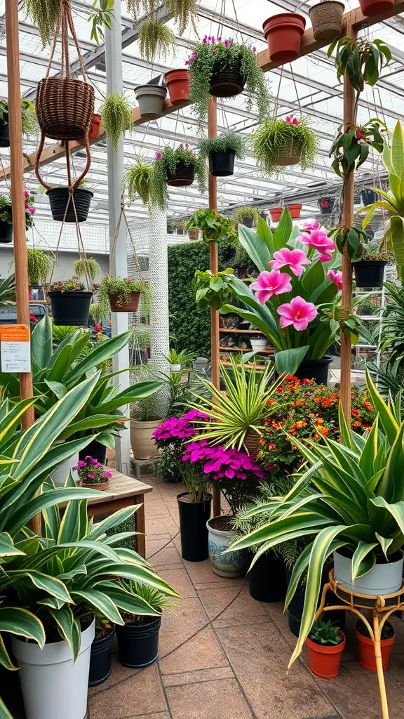 A collection of vibrant Mother Tongue plants displayed in a greenhouse, surrounded by various colorful flowers and hanging pots.