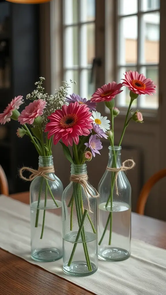 An arrangement of upcycled decorative bottles with fresh flowers on a wooden table