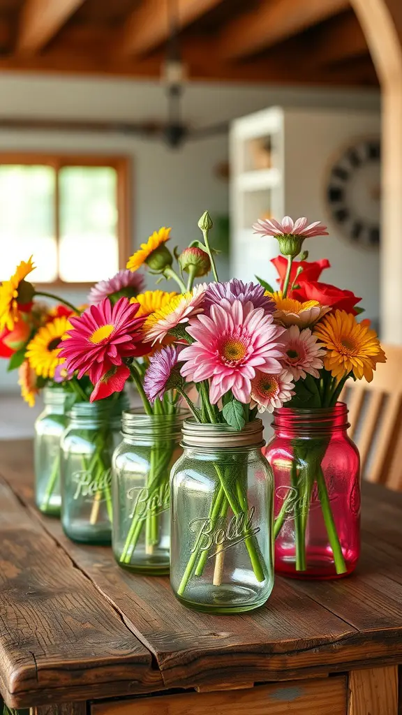 Colorful flowers arranged in upcycled mason jars on a wooden table