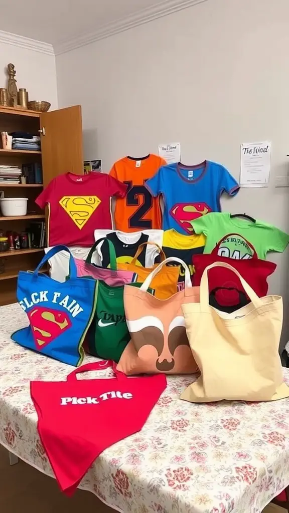 17 Fun Summer Craft Ideas for Endless Creativity 14 A variety of colorful t-shirts displayed, some transformed into tote bags, showcasing a fun and crafty upcycling project.