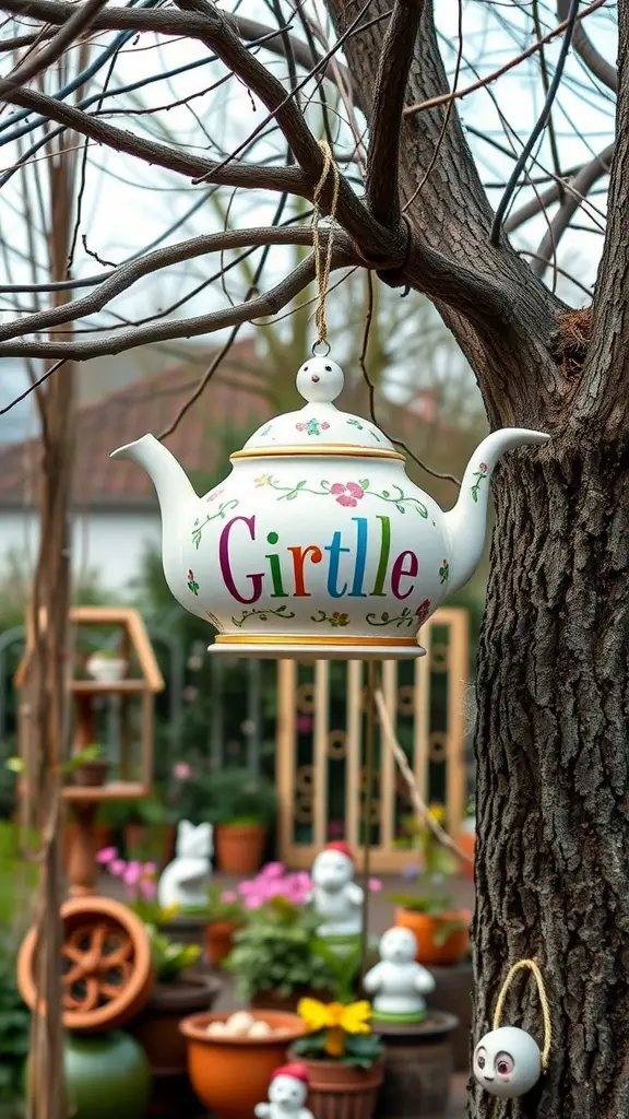 25 Creative DIY Birdhouse Design Ideas 8 A colorful teapot birdhouse hanging from a tree branch in a garden