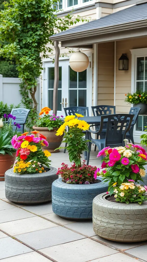 Colorful upcycled tire planters filled with flowers on a patio