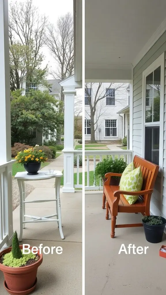 Before and after images of a porch showing an old furniture setup transformed into a cozy and inviting space.