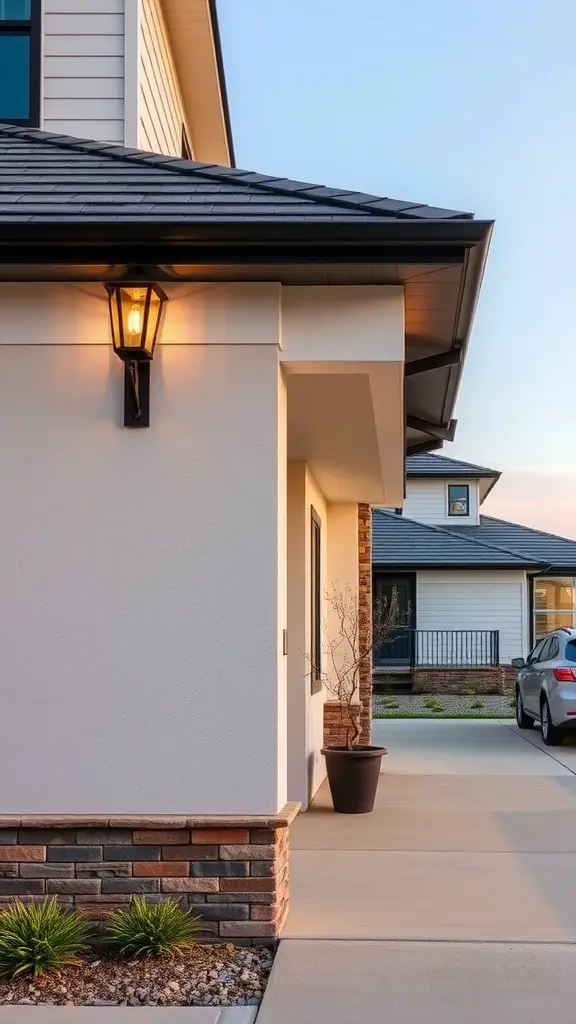 A modern outdoor light fixture on a home exterior