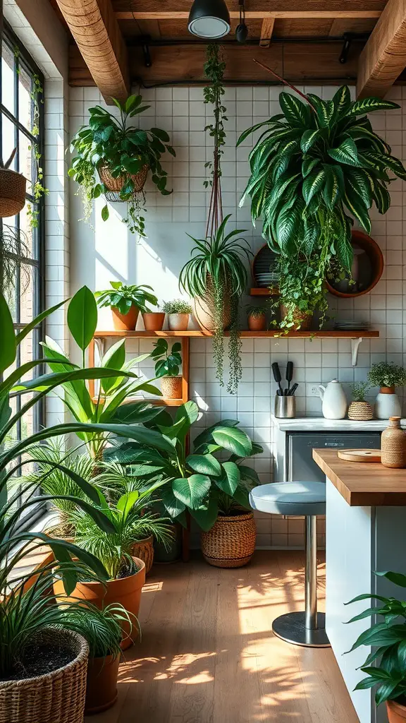 A kitchen filled with diverse houseplants, showcasing the Urban Jungle aesthetic.