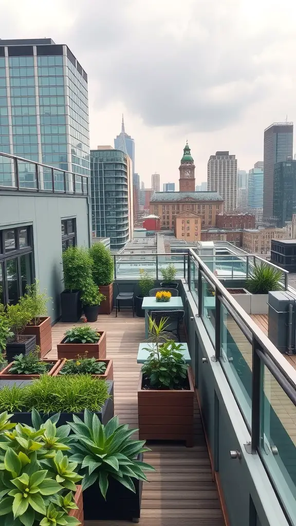 17 Inspiring Multi-Level Deck Ideas for Your Outdoor Space 16 A rooftop garden featuring wooden decking and various plants overlooking an urban skyline.