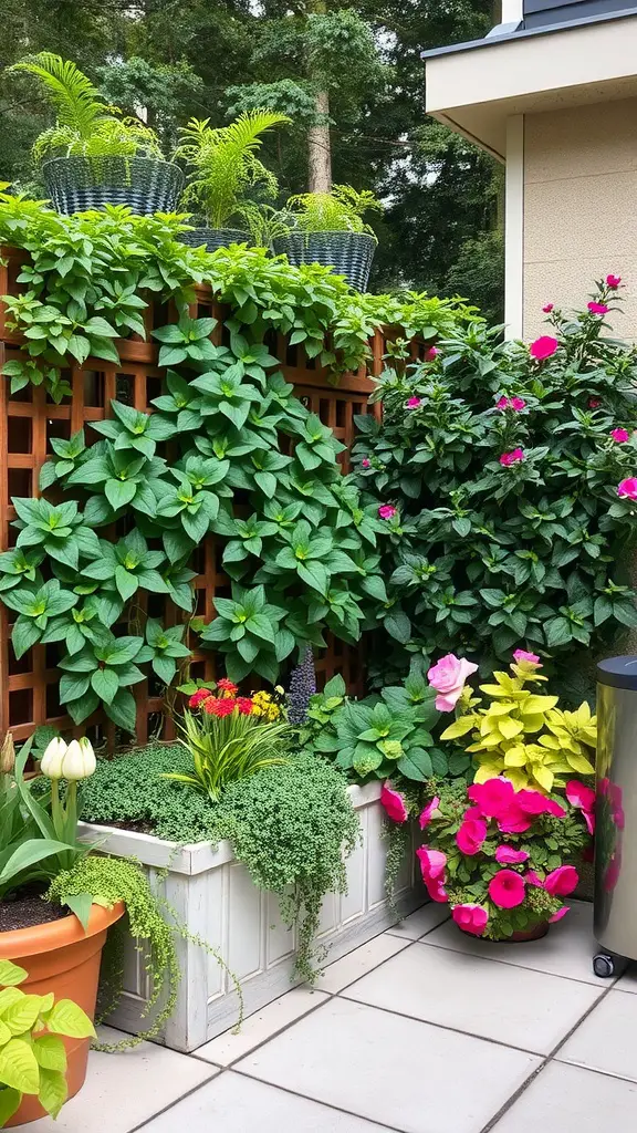 A vibrant flower box arrangement with a wooden trellis and various plants, serving as a privacy screen.