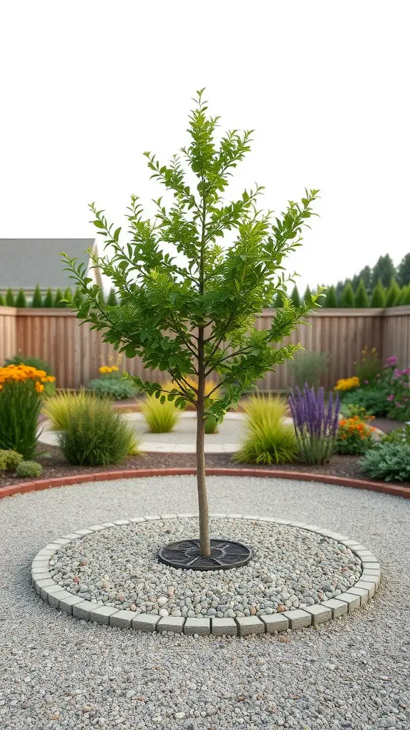 19 Creative Gravel Border Ideas for Your Garden 2 A tree surrounded by a circular gravel border in a landscaped garden.