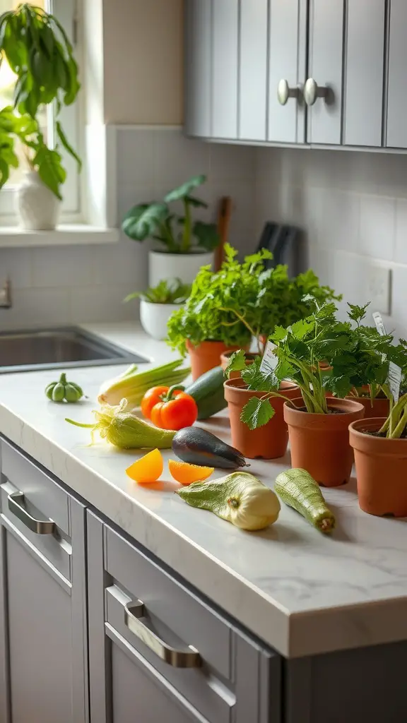 A kitchen countertop with various plants in pots and fresh vegetables, demonstrating the concept of using kitchen scraps for planting.