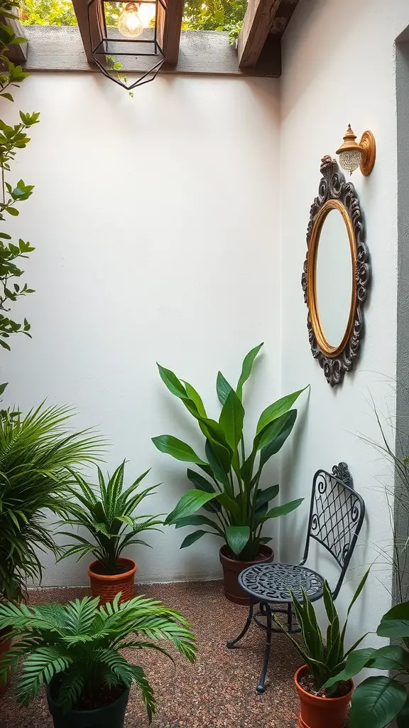 A small patio garden featuring a decorative mirror, potted plants, and a cozy chair.