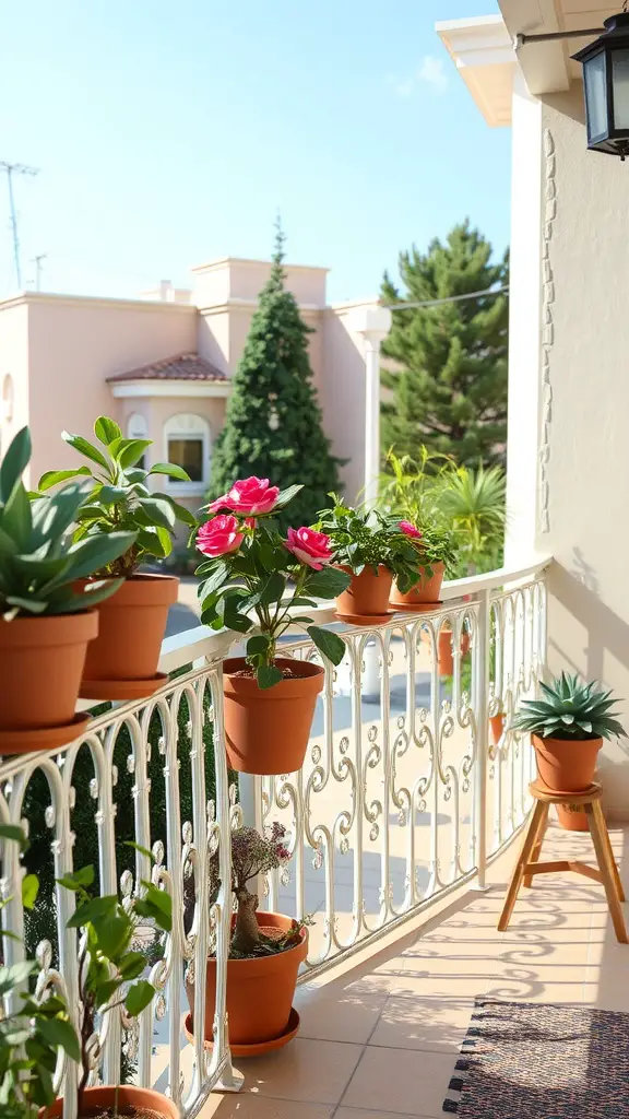 A small patio garden with potted plants displayed on garden rails, featuring a mix of flowers and greenery.