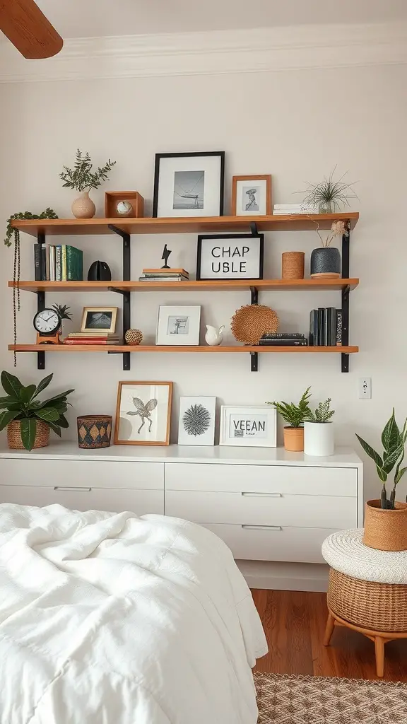 27 Stylish Summer Bedroom Ideas to Refresh Your Space 12 Open shelving in a bedroom displaying plants, books, and framed art.
