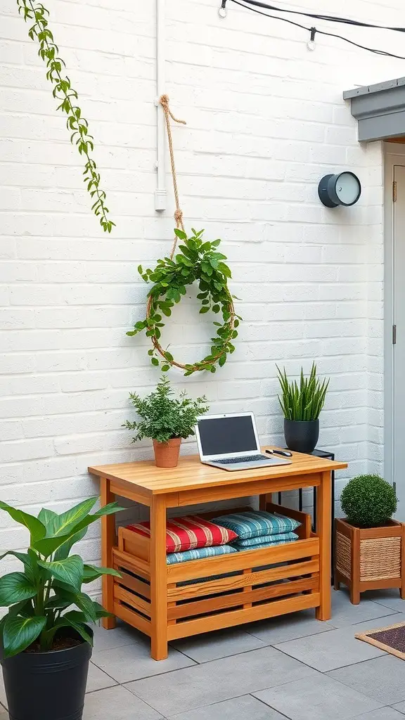 A small patio garden featuring a wooden table with under-table storage, potted plants, and colorful cushions.